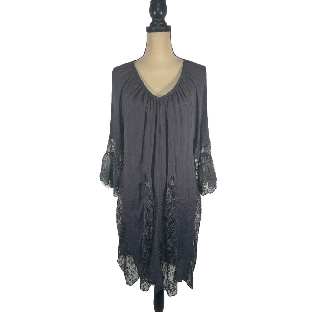 Angel Heart Boho Dark Grey Dress Lace Insert Peasant Lace Tunic Gypsy size 2X - Picture 4 of 8